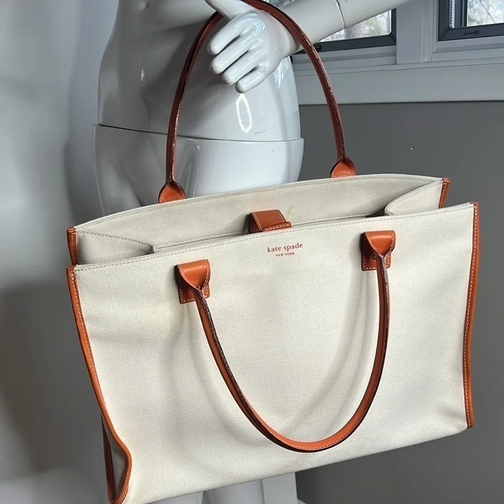 Kate Spade Large Beige Canvas Orange Leather Trim Tote Bag - New